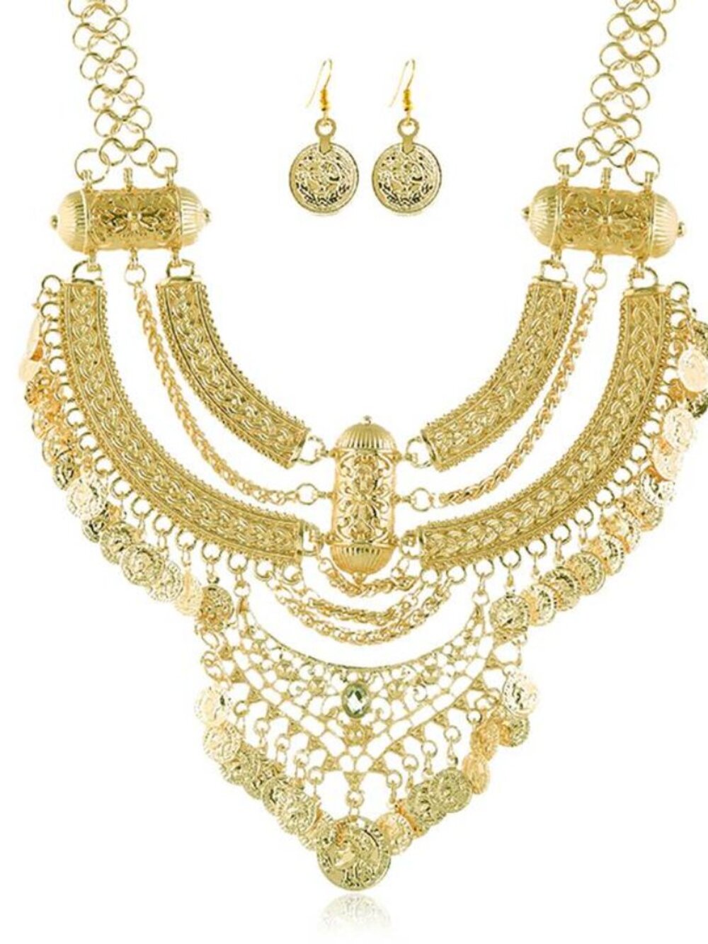080 Antique Golden Vintage Coin Necklace with Crescent Moon Tassel & Earrings